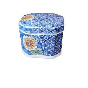 Ashibi Japan Porcelain Trinket Jewelry Box Lid Floral Blue White Vintage Small